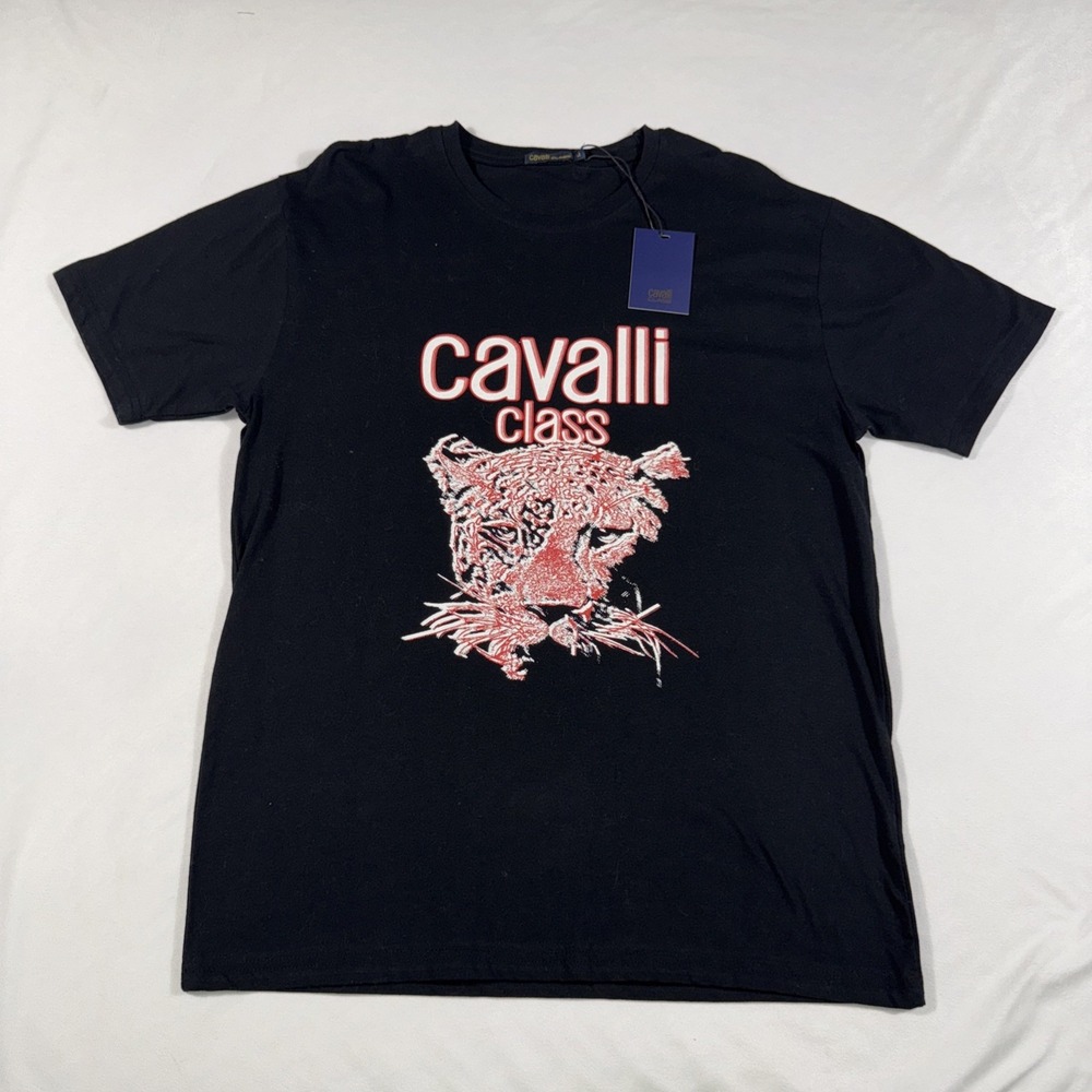 Cavalli Class T-Shirt Mens XL Black SS Tee‎ Logo Printed RXT61R JD060 NWT